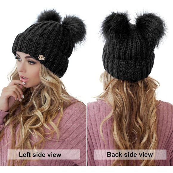 Women\'s Black 2 Pom Cable Knit Winter Warm Fleece Wool Snow Cuff Ski Cap main image 4